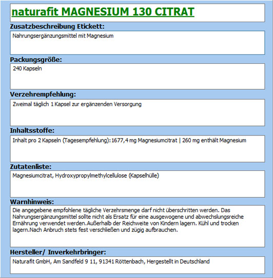NATURAFIT Magnesium 130 Citr Kapseln