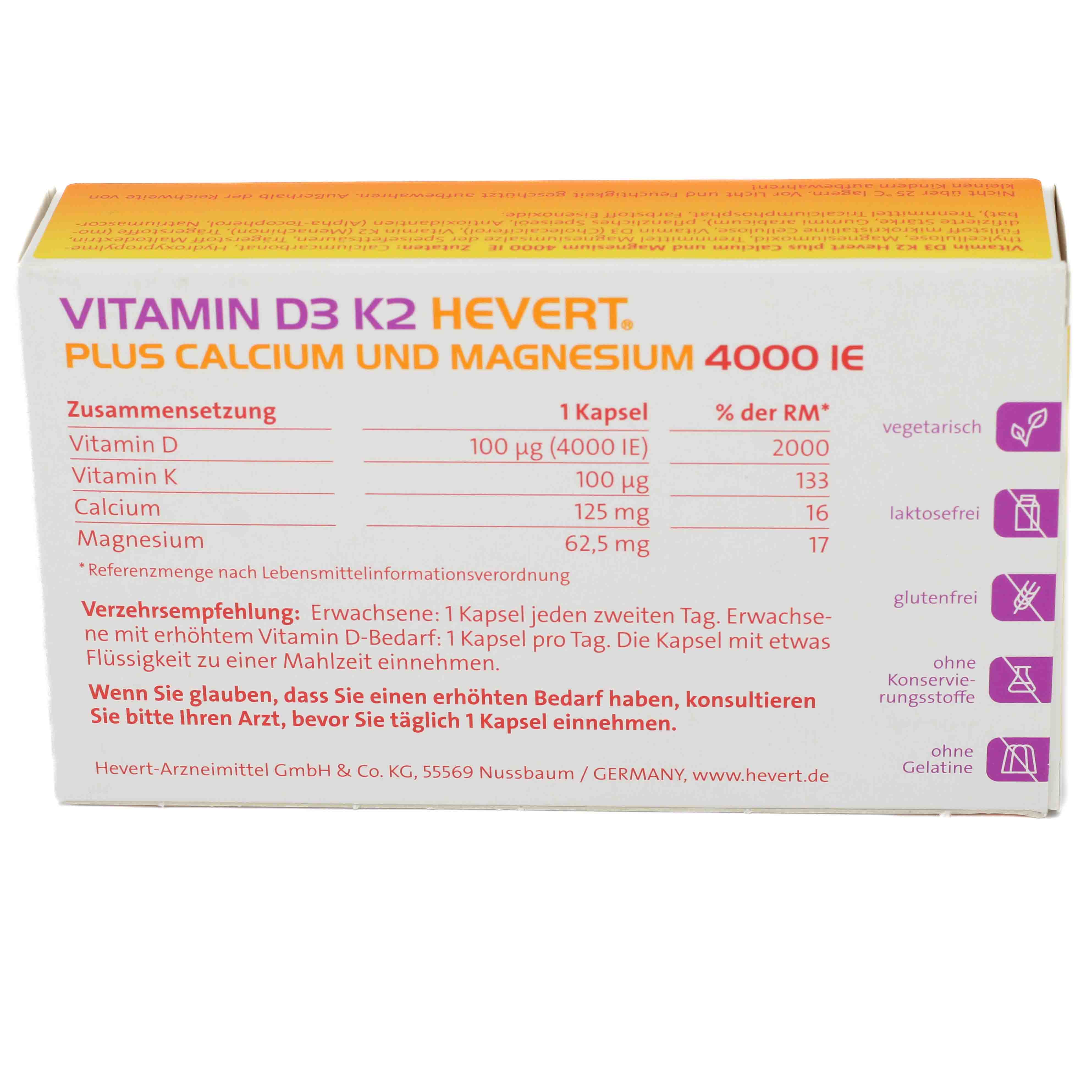 VITAMIN D3 K2 Hevert+Calcium u.Magnes.4000 IE Kps.